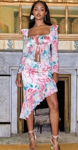 Kim Shui NWT Pink Silky Floral Cutout Bustier Top & Pink Silky Floral Midi Skirt