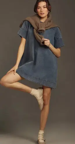 Anthropologie Porridge Women's Short Sleeve Denim Mini Swing Dress Blue Sz S