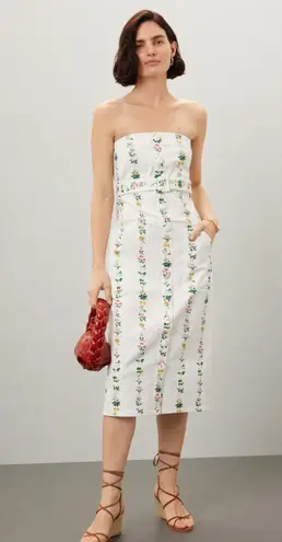 Adam Lippes Women's White Floral Print Strapless Belted Midi Dress Size 2