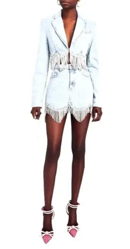 AREA Scalloped Embellished Cropped Denim Jacket in Pale Blue, Size 4, NWT Silver