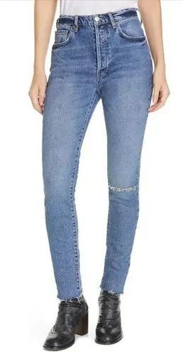 Free People  We The Free High Rise Button Fly Distressed Raw Hem Mom Jeans