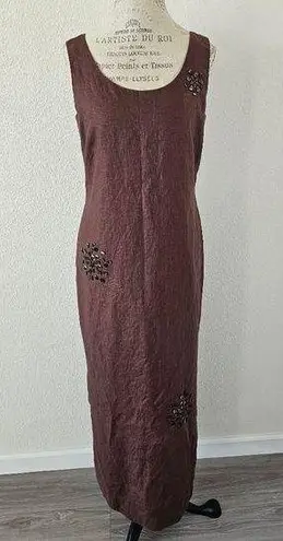 Yves Cossette Depeche Mode Vintage Brown Linen Embroidered Dress Size 10