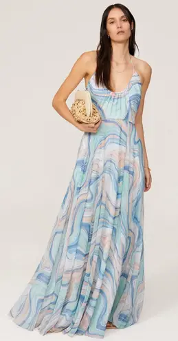 LIV FOSTER Blue Orange Abstract Watercolor Wave Pattern Halter Neck Maxi Size 6