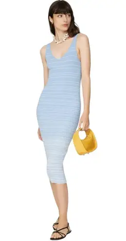 Staud Dana Ribbed Knit Light Blue / White Striped Sleeveless Midi Dress Large