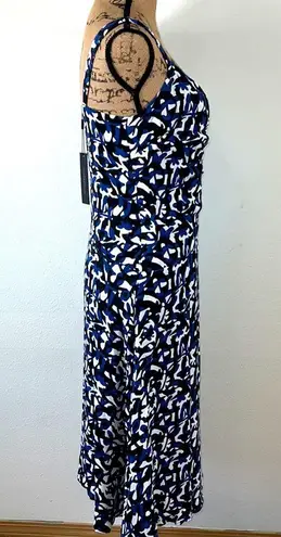 Donna Karan dress midi fit & flare black, blue & white print size 4 NWT