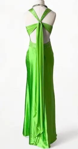 Neon Green Beaded Satin Maxi Bodycon Formal Prom Dress Size S