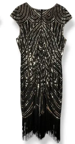 Fundaisy Flapper Dress NYE Beads Sequins Fringe Sz 2XL Great Gatsby 1920s Party Black
