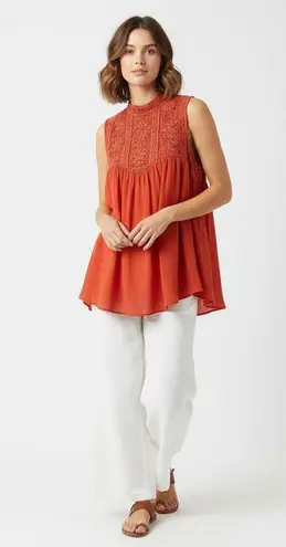 Love j Top Womens Burnt Orange Lace Yoke Crochet Trim Boho Chic Size S