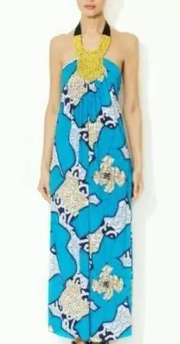 Tbags Los Angeles maxi dress with halter beading blue yellow size small