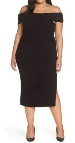 Eliza J Women Off the Shoulder MIDI Sweater Knit Dress Black Side Slit Ribbed