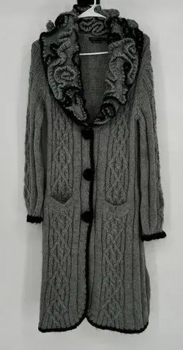 BCBGMAXAZRIA  Cardigan Wool Mohair Blend Sweater Ruffled Collar Gray Black Medium