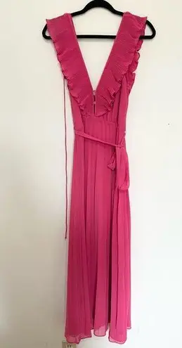 If by sea Midi Dress Ruffle Sleeveless Crewneck Pleated Flowy Belted Dress small Pink