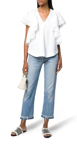 See By Chloe Eyelet Flutter Sleeve Blouse Size 36 (XS) White V-Neck Feminine - Image 1