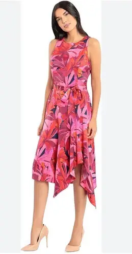 London Times  Women's Abstract Leaf Print Asymmetrical Hem Sleeveless Fit and Fla