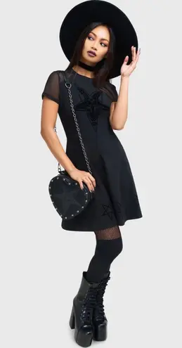 KILLSTAR Ladies UK Size XS Black Lace Trim Gothic Velvet Skater Dress Pre Loved