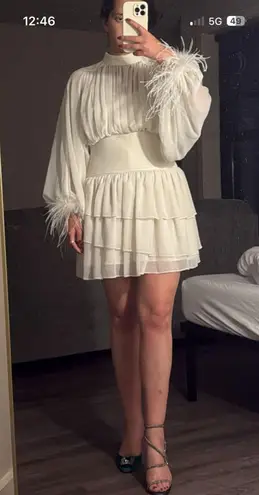 A loves A White mini loves A Dress with feathers