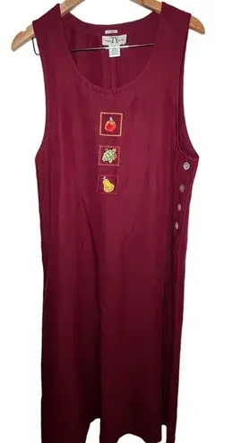 Vintage 90s Maxi Jumper Dress 14 Red Cotton Embroidery Side Buttons Cottagecore