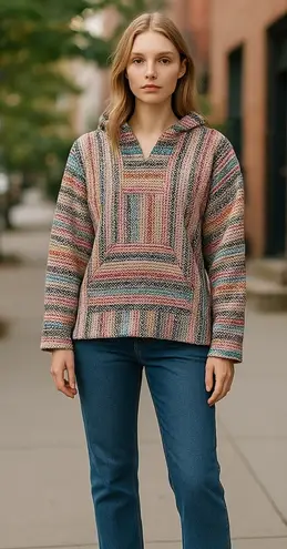 Tan and Pink Striped Sweatshirt Baja Style Mexican Poncho Hoodie Drug Rug Tan