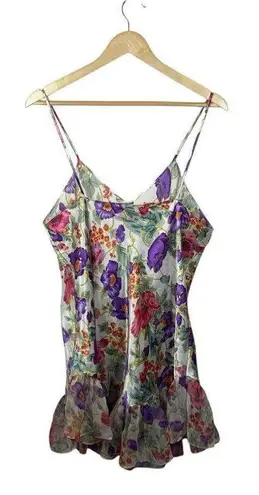 VINTAGE Satin Floral Ruffle Mini Slip Dress in White/Pink/Purple OS White Size undefined