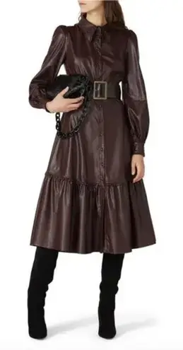 Nicholas Dress Womens 6 Brown Larisa Faux Leather Midi Button Front Ruffle Hem