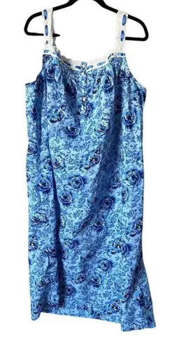 Vintage Muumuu 1X Blue Floral Sleeveless Lace Accents Nightgown Lightweight