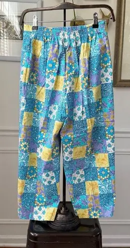 Vintage Gepetto Patchwork Floral Palm Tree Print Cropped Pants S Blue