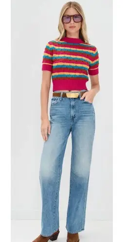 Mother The Mock 10 Laser Beam Striped Short Sleeve Sweater Pink Size XS