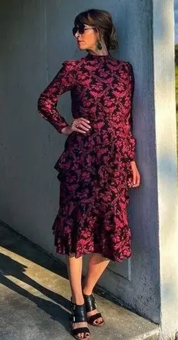 SALONI Black Rouje Floral Mock Neck Puff Sleeves Isa Ruffle Midi Dress Size 12