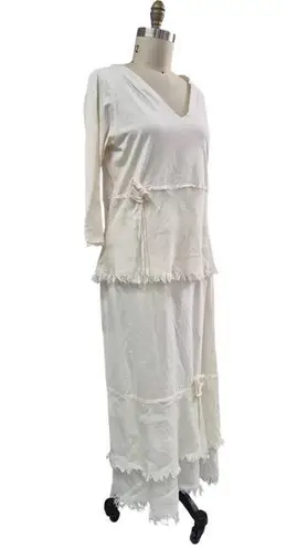 Rare VTG Christine Damen Cream Cotton Linen Maxi Skirt Set Fray/Fringe Sz M/L Size M
