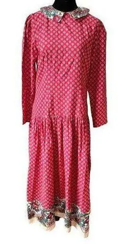 Alex Marie Vintage Ann Marie Red Floral Cottagecore Maxi Dress Size 12 Drop Waist Collared