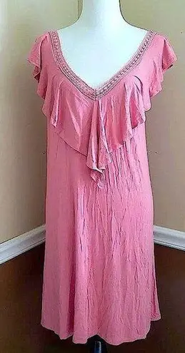 Sweet Claire Modcloth Dusty Rose Salmon Pink Ruffle Deep V-Neck Lightweight Dress Large
