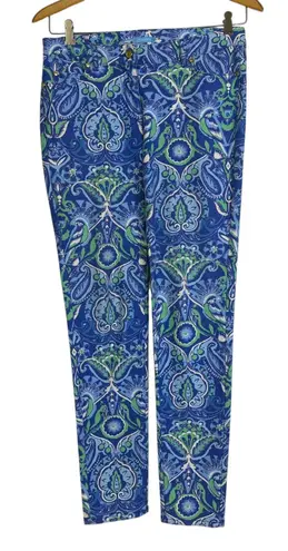 J. McLaughlin Pants 4 Womens Paisley Floral Blue Green Slim Fit Cotton Stretch *