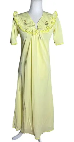 Vintage Nylon Nightgown Ruffled Collar Small Yellow Floral Embroidery Maxi