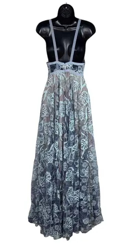 Alexis Isabella Blue Floral Lace Maxi Gown V Neck Spaghetti Straps Ribbon Small