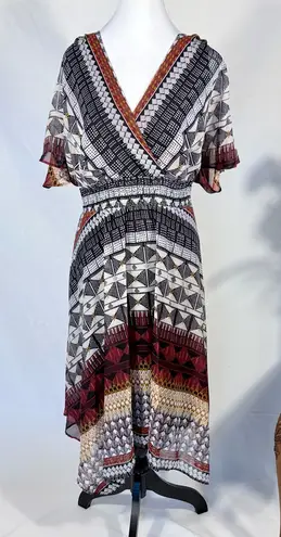 Chris McLaughlin Mixed Geometric Print Handkerchief Hem Midi Dress – Size 14💛 Brown