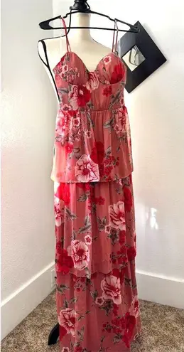 Crystal Doll NWOT Pink Floral Tiered Maxi Dress Size 1 or Womens XXS