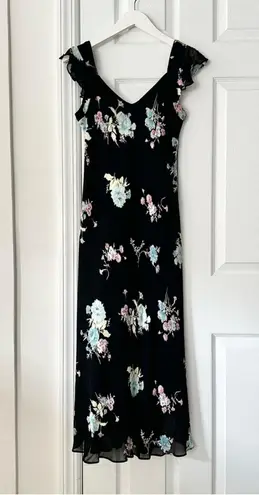 Evan Picone Black Floral 90s V Neck Flutter Sleeve Midi Sun Dress 10P Lined