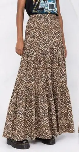 Pinko Elastic Waist Leopard Print Tiered Maxi Skirt Brown Black Women's Medium Size 6