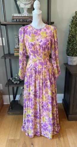 LDT Long Sleeve Floral Maxi Dress Purple Womens Size 0