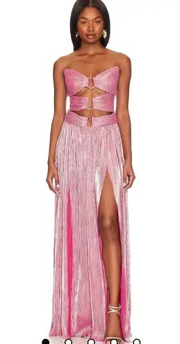 Bronx and Banco Sonny Strapless Cut Out High Slit Maxi Dress Gown in Metallic Rose