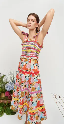 CeliaB Nilsa Floral Ric Rac Smocked Tie Strap Midi Dress Size Medium Pink