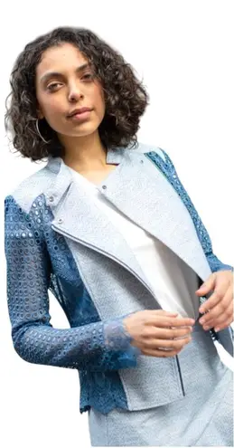 Chelsea And Walker Jacket Women 4 Blue Crochet Lace Mario Denim Jacket Preppy