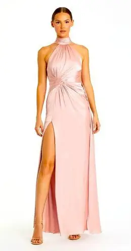 Mac Duggal 🆕 NWT Light Pink Open Back High Neck Side Ruched Gown sz6 Shell Pink