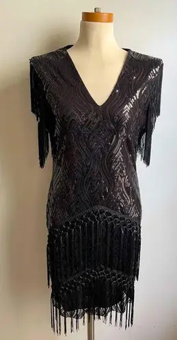 NWT Babeyond Black Sequin Fringe 1920s Flapper Beads Gatsby Dress Medium Large