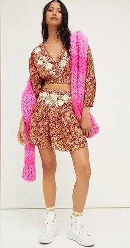 Free People  co-ord set Nyomi Embroidered Floral Mini Skirt Crop Top Red pink