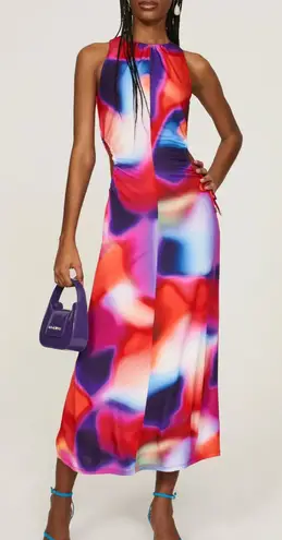 Rebecca Vallance Dress Womens 8 Red Blue Del Prado Midi Cutout Side Psychedelic