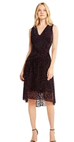 Elie Tahari Celeste Aubergine Purple Velvet Cheetah Print V-Neck Midi Dress 10