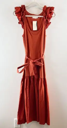 Nation Ltd Everly Frilly Ruffle Strap Tiered Cotton Midi Dress Cayene Red Small