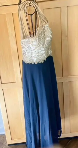 Babyonline D.r.e.s.s. gold lace applique and blue elegant midi Dress size Large