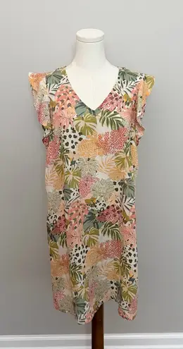 C&C California Dress 100% Linen Flutter Ruffle Sleeve Botanical Tropical Palms